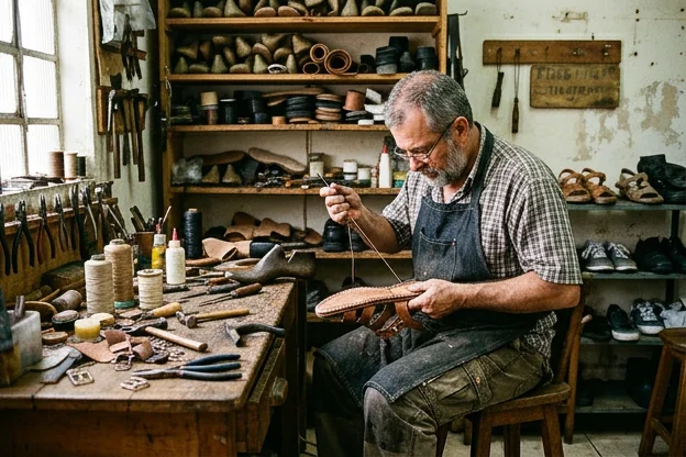Um sapateiro realizando conserto de sandálias em Sapucaia do Sul.