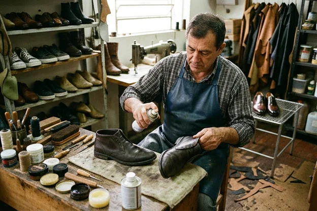 Sapatos sendo tratados para impermeabilização em Sapucaia do Sul.