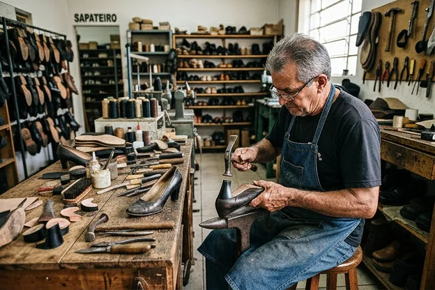 Um sapateiro realizando a troca de saltos em Sapucaia do Sul.
