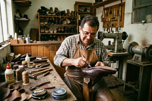Um sapateiro reformando sapatos sociais em Sapucaia do Sul.