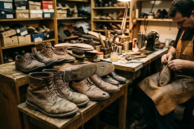 Sapatos desgastados prontos para reforma em Sapucaia do Sul.