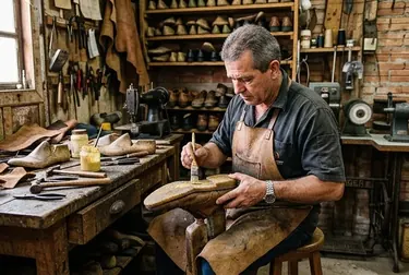 Um sapateiro aplicando cola na sola de um sapato em Sapucaia do Sul.