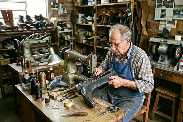 Um sapateiro ajustando um zíper de bota em Sapucaia do Sul.