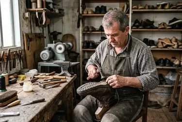Um sapateiro substituindo o solado de um sapato em Sapucaia do Sul.