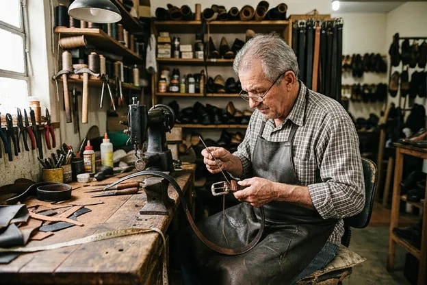 Um sapateiro ajustando um cinto de couro em Sapucaia do Sul.