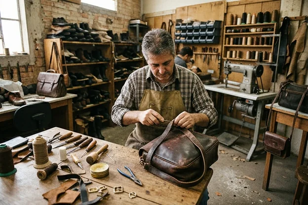 Um sapateiro cuidando da reforma de bolsas de couro em Sapucaia do Sul.